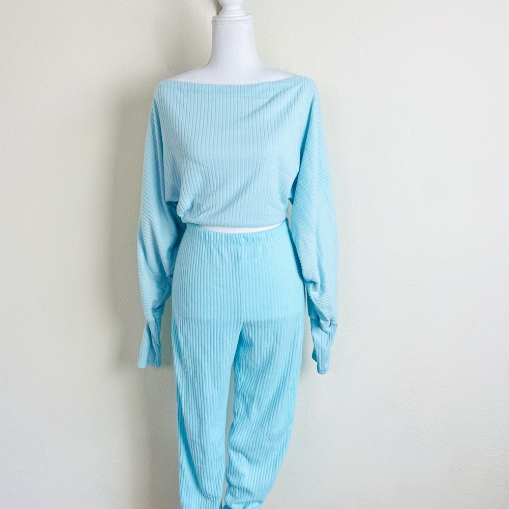 Fashion Nova Aqua Blue Ribbed Long Sleeve & Pants Set
